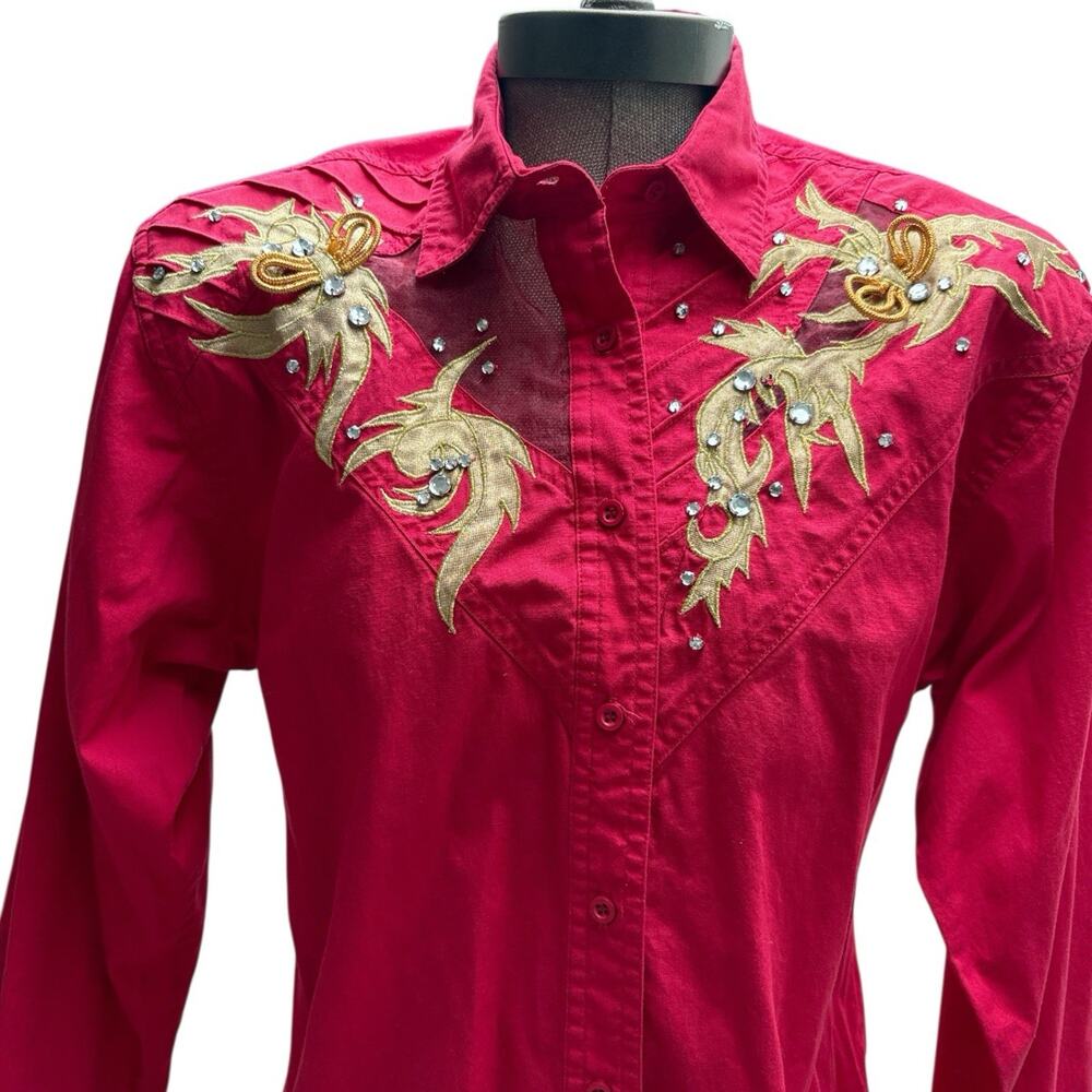 VTG 90's Wrangler Western Shirt Women's Size Small Red Rhinestone Cowgirl Button